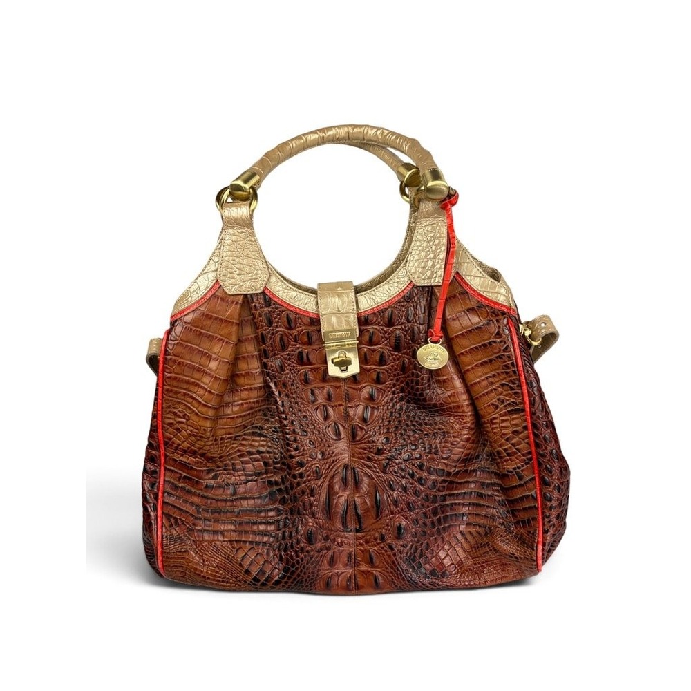 Brahmin Pecan Melbourne Croc Embossed Leather Satchel Gold Trim Brown Red Bag